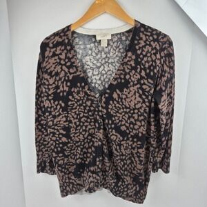 LOFT Leopard Print Button Front Cardigan Women's L Black Tan 3/4 Sleeve Sweater‎